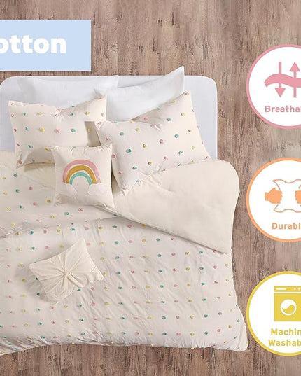 Callie Cotton Jacquard Weave Colorful Pom Pom Kids Comforter sets, Down Alternative Shabby Chic All Season Girls Bedding, Bedroom Decor, Full/Queen, Multi 5 Piece - LeafyLoom