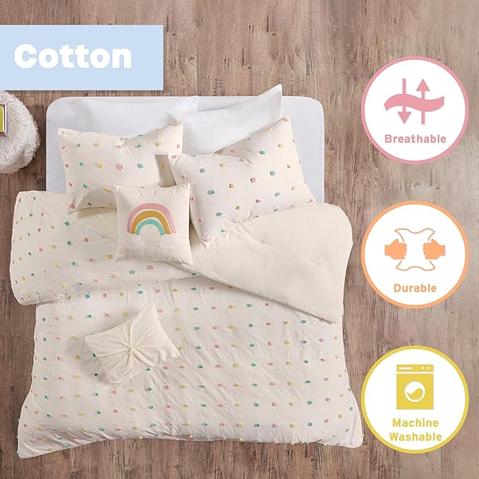 Callie Cotton Jacquard Weave Colorful Pom Pom Kids Comforter sets, Down Alternative Shabby Chic All Season Girls Bedding, Bedroom Decor, Full/Queen, Multi 5 Piece - LeafyLoom