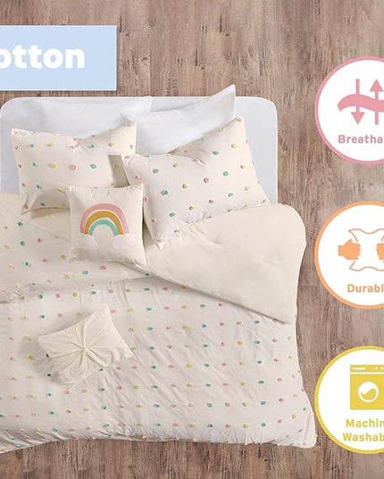 Quilt Set Cotton Jacquard Weave Colorful Poms Accent All Season Shabby Chic Bedding Coverlet Bedspred, Girls Bedroom Décor, Twin, Multi 4 Piece XL - LeafyLoom