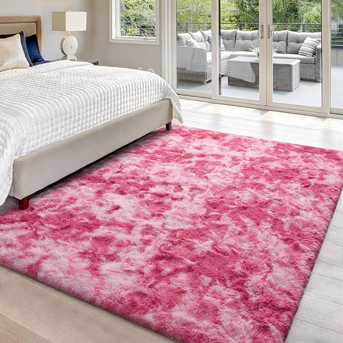6x9 Large Area Rugs for Living Room, Super Soft Fluffy Modern Bedroom Rug, Tie-Dyed Blush Pink Indoor Shag Fuzzy Carpets for Girls Kids Nursery Room Home Decor - LeafyLoom