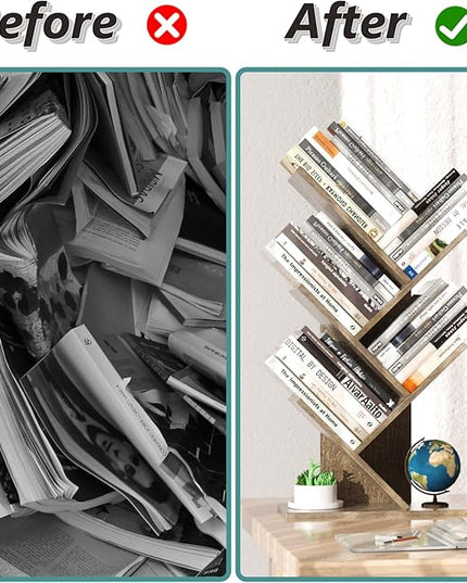 5 Tier Small Tree Bookshelf Desk Book Organizer Narrow Bookcases for Books Magazines CDs Free Standing Retro Wooden Storage Shelves for Home Office Bedroom Living Room Oak Grey - LeafyLoom