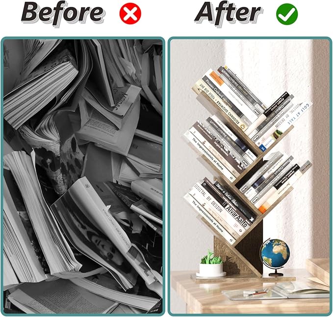 5 Tier Small Tree Bookshelf Desk Book Organizer Narrow Bookcases for Books Magazines CDs Free Standing Retro Wooden Storage Shelves for Home Office Bedroom Living Room Oak Grey - LeafyLoom