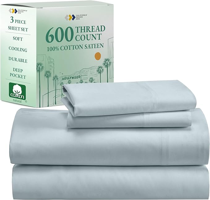 California Design Den Luxury Twin Sheet Set - 100% Cotton, 600 Thread Count Deep Pocket Twin Sheets, Soft Hotel-Quality Bedding with Sateen Weave - Seafoam - LeafyLoom
