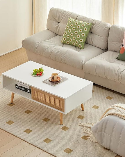 41.34" Mid Century Modern Coffee Table with Storage, Rectangle Wooden Accent Center Sofa Table with Sliding PE Rattan Woven Door Panel and Solid Wood Legs, Suitable for Living Room, Apartment - LeafyLoom