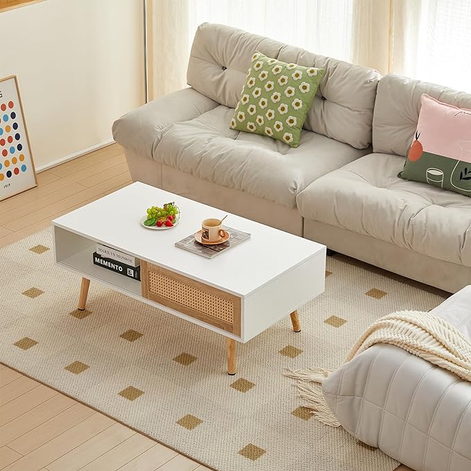 41.34" Mid Century Modern Coffee Table with Storage, Rectangle Wooden Accent Center Sofa Table with Sliding PE Rattan Woven Door Panel and Solid Wood Legs, Suitable for Living Room, Apartment - LeafyLoom