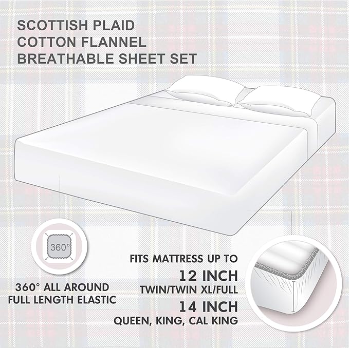 Comfort Spaces Cotton Flannel Breathable Warm Deep Pocket Sheets With Pillow Case Bedding, Twin, Scottish Plaid Red, 3 Piece - LeafyLoom