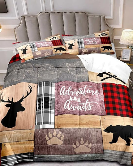 LUVIVIHOME 3PCS Cabin Comforter Set King Size, Rustic Farmhouse Bedding, Black Bear Deer Elk Moose Forest Animal Wildlife Hunting Country Brown Patchwork White Red Plaid Lodge Quilt, 2 Pillow Shams - LeafyLoom
