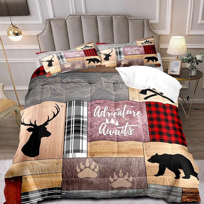 LUVIVIHOME 3PCS Cabin Comforter Set King Size, Rustic Farmhouse Bedding, Black Bear Deer Elk Moose Forest Animal Wildlife Hunting Country Brown Patchwork White Red Plaid Lodge Quilt, 2 Pillow Shams - LeafyLoom
