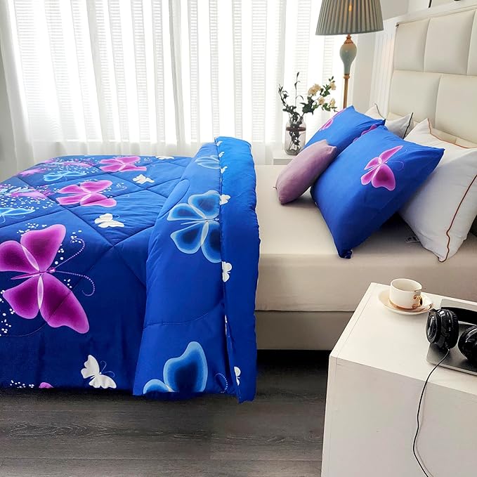 SDY 3PCS Butterfly Comforter Set Full, Butterflies Floral Comforter Set, Purple Comforter Full Size, Girls Bedroom Princess Bedding Set for Kids, Toddler, Children, Teenage, Baby, Women… - LeafyLoom