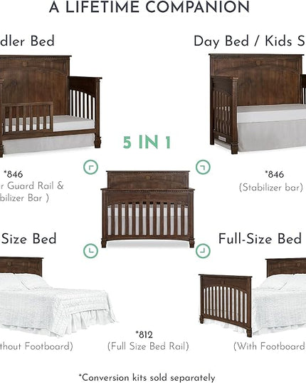 Evolur Santa Fe 5-in-1 Convertible Crib in Antique Brown, Greenguard Gold Certified, Features 3 Mattress Heights, Wooden Nursery and Bedroom Furniture, Baby Crib - LeafyLoom