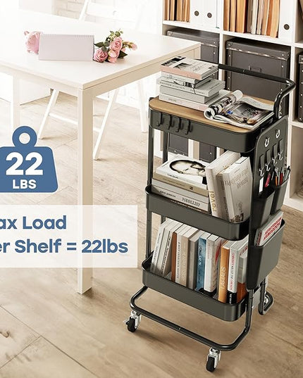 DTK 3 Tier Metal Utility Rolling Cart with Table Top and Side Bags, Tray Storage Organizer Wheels, Art Craft 4 Hooks for Kitchen Bathroom Office Living Room (Black) - LeafyLoom