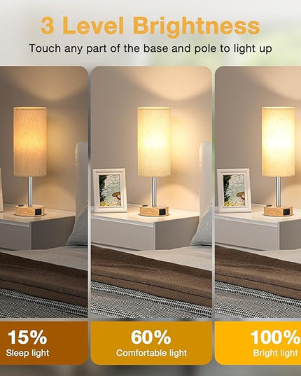 Touch Bedside Table Lamps Set - 3 Way Dimmable Bedroom Lamps Set of 2 with USB C and A Ports, Small Lamps for Nightstand with AC Outlet, Wood Base Round Flaxen Shade for Desk, Office, Dorm, Nursery - LeafyLoom