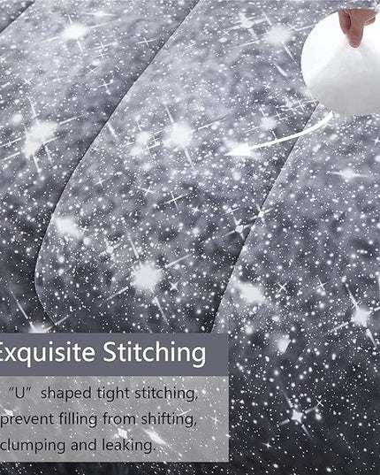 Grey Glitter Comforter Set Twin Size for Boys Teen, Sparkle Galaxy Twinkle Starlight Comforter for Kids Adult, 2 Piece Black Grey Ombre Bedding Set with 1 Pillow Case(Grey,Twin) - LeafyLoom