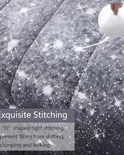 Grey Glitter Comforter Set Full/Queen Size for Boys Teen, Sparkle Galaxy Twinkle Starlight Comforter for Kids Adult, 3 Piece Black Grey Ombre Bedding Set with 2 Pillow Cases(Grey,Queen) - LeafyLoom