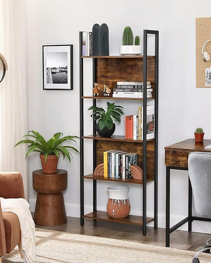 VASAGLE 5-Tier Bookshelf, Book Shelf, Industrial Bookcase, with Steel Frame, for Living Room, Home Office, Bedroom, 9.4 x 24.4 x 65 Inches, Rustic Brown and Black ULLS025B01 - LeafyLoom