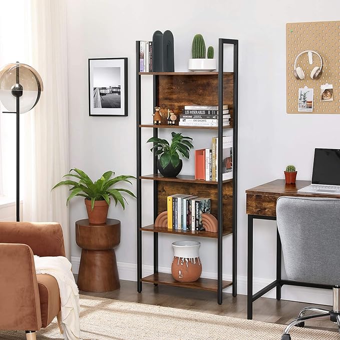 VASAGLE 5-Tier Bookshelf, Book Shelf, Industrial Bookcase, with Steel Frame, for Living Room, Home Office, Bedroom, 9.4 x 24.4 x 65 Inches, Rustic Brown and Black ULLS025B01 - LeafyLoom