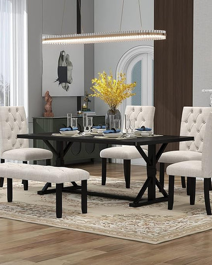 Wood Rectangular Dining Set for 6, includes 1 Table with Cross-Legged Trestle Base, 4 Upholstered High Back Chairs & 1 Bench, Farmhouse Style, Espresso, 72" L x 42" W x 30" H - LeafyLoom