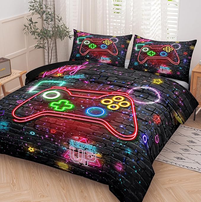 NINENINE Full Size Bedding Sets for Boys 5PCS Gaming Comforter Gamer Bedding Sets for Boys Bed in A Bag Gamer Comforter Sets (1Comforter, 1Flat Sheet, 1Fitted Sheet, 2Pillowcases)… - LeafyLoom