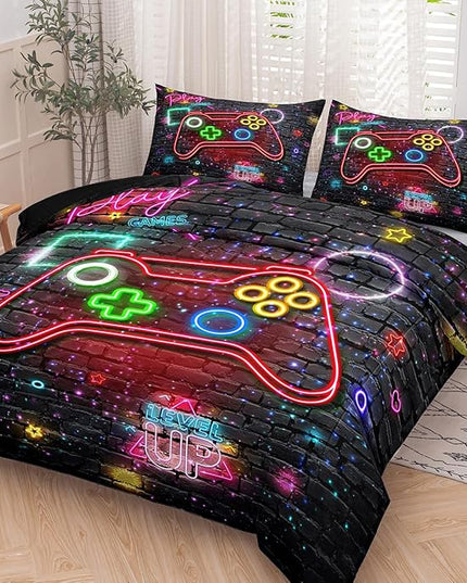 NINENINE Gaming Bedding Sets for Boys 5PCS Queen Size Gamer Comforter Gampad Contoller Video Kids Teens Black Bedding Comforter Sheet Set(1Comforter, 1Flat Sheet, 1Fitted Sheet, 2Pillowcases) - LeafyLoom