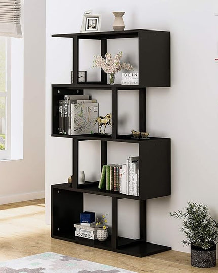 YITAHOME 5 Tiers Bookshelf, Modern S-Shaped Z-Shelf Style Bookshelves, Multifunctional Geometric Bookcase Storage Display Shelf for Living Room Bedroom Home Office, Black - LeafyLoom