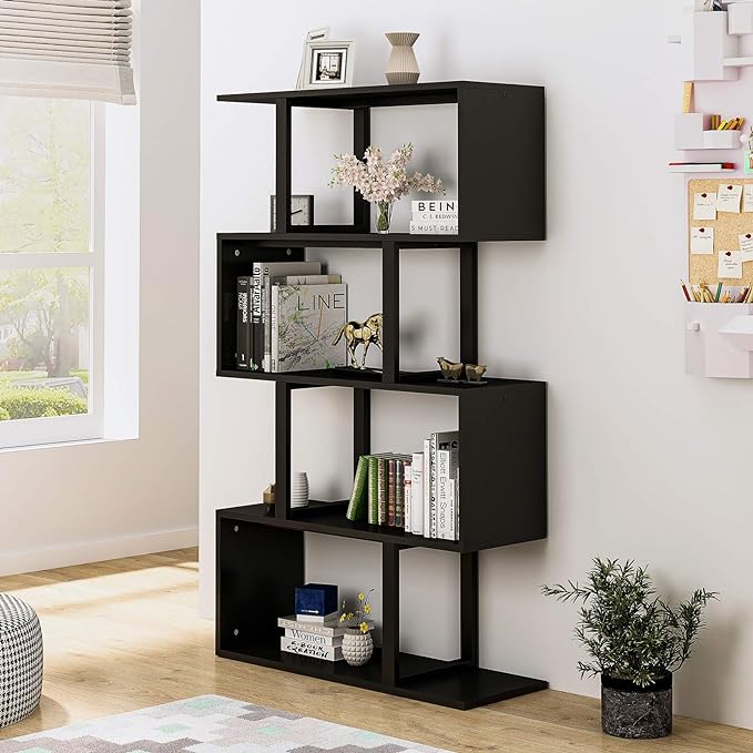 YITAHOME 5 Tiers Bookshelf, Modern S-Shaped Z-Shelf Style Bookshelves, Multifunctional Geometric Bookcase Storage Display Shelf for Living Room Bedroom Home Office, Black - LeafyLoom