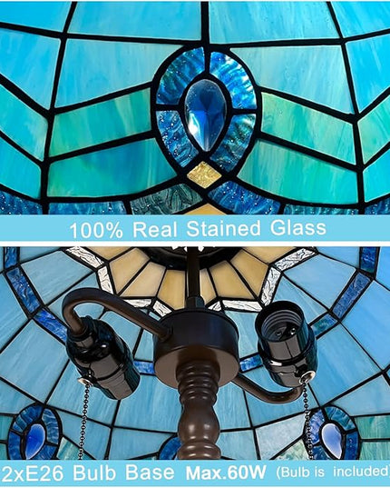 Capulina Tiffany Floor Lamp 2-Light 16X16X63 Inches Blue Sky Style Stained Glass Standing Reading Light for Living Room Bedroom Home Office - LeafyLoom