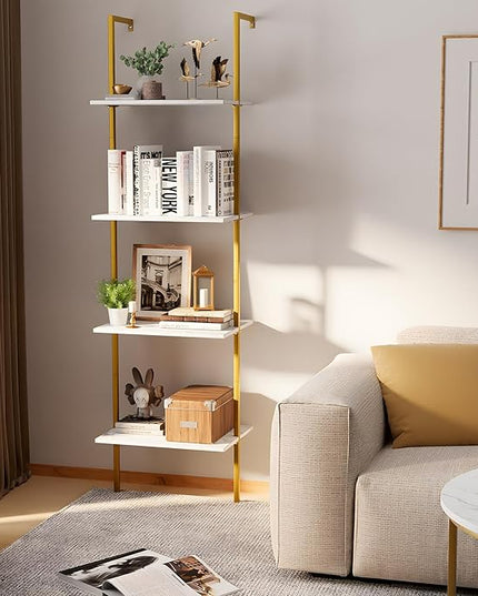 Ladder Shelf 4 Tiers Metal Industrial Bookshelf,White Marble Wood Tall Open Storage Rack and Display Shelves,Wall Mount Wide Book Case for Home Office Bedroom,Small - LeafyLoom