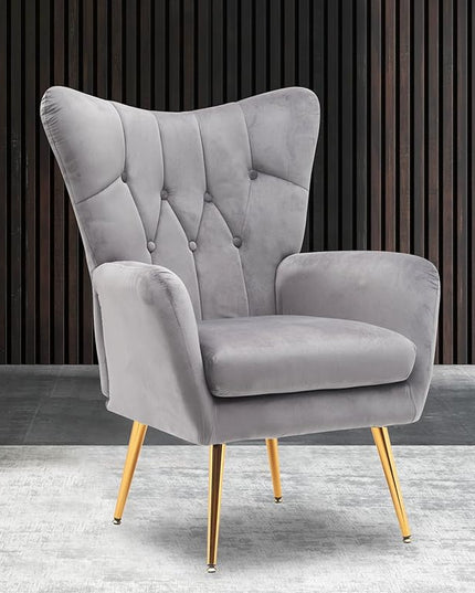 US Pride Furniture Modern Accent Chair with Ergonomic High Wingback, Microfiber Upholstered Armchair with Metal Legs for Living Room, Bedroom, Office or Vanity, Grey - LeafyLoom