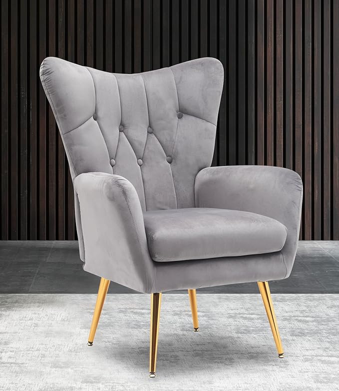 US Pride Furniture Modern Accent Chair with Ergonomic High Wingback, Microfiber Upholstered Armchair with Metal Legs for Living Room, Bedroom, Office or Vanity, Grey - LeafyLoom