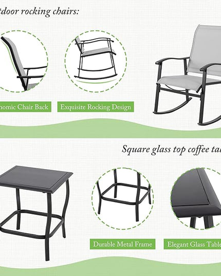 Shintenchi 3 Piece Rocking Bistro Set, Outdoor Furniture with Rocker Chairs and Glass coffee table set of 3, Balcony, Porch Furniture for Small Space, Light Gray - LeafyLoom