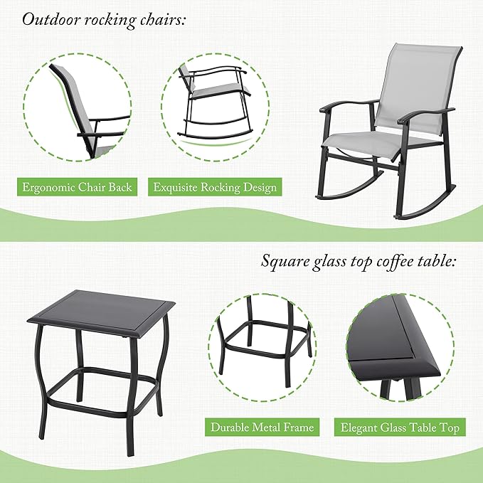 Shintenchi 3 Piece Rocking Bistro Set, Outdoor Furniture with Rocker Chairs and Glass coffee table set of 3, Balcony, Porch Furniture for Small Space, Light Gray - LeafyLoom
