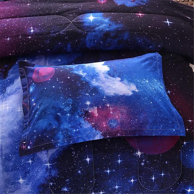 A Nice Night Galaxy Bedding Sets Outer Space Comforter 3D Printed Space Quilt Set Queen Size,for Children Boy Girl Teen Kids - includes 1 Comforter, 2 Pillow Cases - LeafyLoom