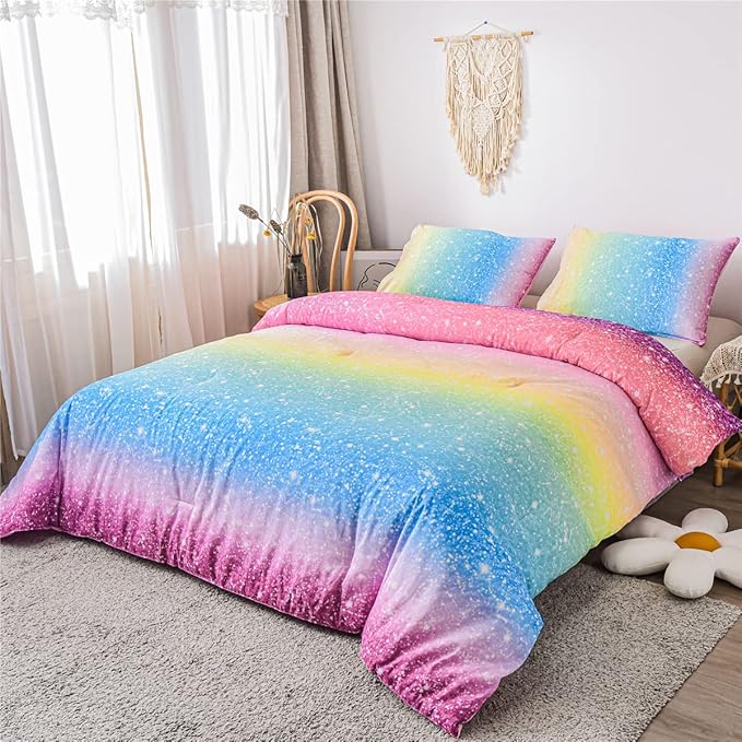 Holawakaka Kids Space Star Glitter Comforter Set Ombre Multi-color Print Gradient Bedding Set Full Size (Multi-color, Full) - LeafyLoom