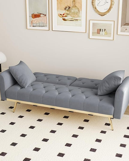 Velvet Upholstered Modern Convertible Futon Couch Folding Sofa Bed Recliner Lounge Loveseat Daybed Sofacama with Adjustable Backrest and Golden Legs for Small RV Living Room Office, Gray 68.3" - LeafyLoom
