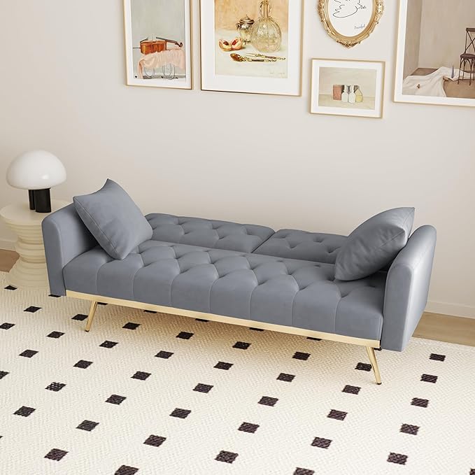 Velvet Upholstered Modern Convertible Futon Couch Folding Sofa Bed Recliner Lounge Loveseat Daybed Sofacama with Adjustable Backrest and Golden Legs for Small RV Living Room Office, Gray 68.3" - LeafyLoom