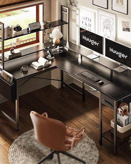L Shaped Desk Gaming Desk with LED Lights & Power Outlets, Computer Desk with Storage Shelves, Corner Desk Home Office Desks for Bedroom, Black - LeafyLoom