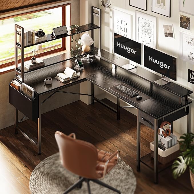 L Shaped Desk Gaming Desk with LED Lights & Power Outlets, Computer Desk with Storage Shelves, Corner Desk Home Office Desks for Bedroom, Black - LeafyLoom