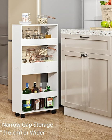 Slim Storage Cart, 4-Tier Kitchen Rolling Cart Narrow Mobile Utility Organizer for Bathroom Livng Room Laundry Room Small Spaces, White - LeafyLoom