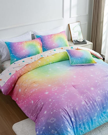 Btargot 6 Piece Tie Dye Constellation Comforter Set Bed in A Bag, Galaxy Rainbow Stars Pattern Bedding Set for Boys Girls Teen, Queen Multi - LeafyLoom