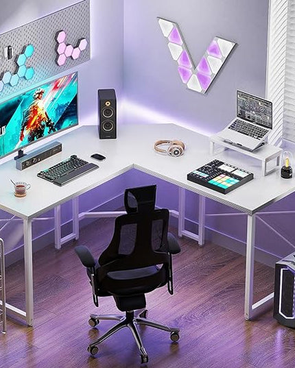 Casaottima L Shaped Gaming Desk with Monitor Stand, Corner Desk Gaming Table for Home Office, Computer Desk Sturdy Writing Workstation for Small Space, 51 inch, Carbon Fiber Surface, White - LeafyLoom