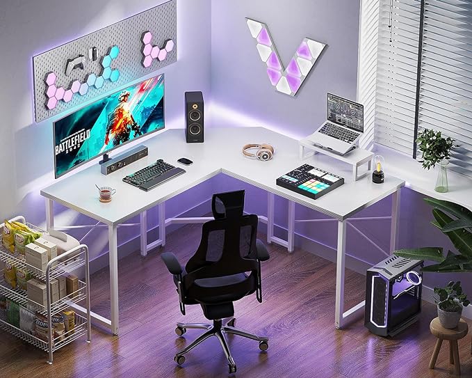 Casaottima L Shaped Gaming Desk with Monitor Stand, Corner Desk Gaming Table for Home Office, Computer Desk Sturdy Writing Workstation for Small Space, 51 inch, Carbon Fiber Surface, White - LeafyLoom