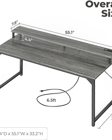 SUPERJARE 55 inch Computer Desk with LED Lights & Power Outlets, Gaming Desk with Monitor Shelf, Small Office Desk for Home & Office, Grey - LeafyLoom