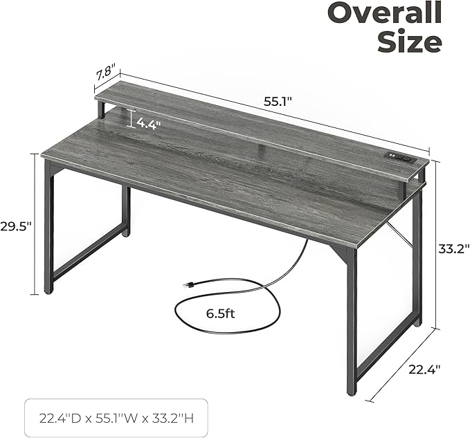 SUPERJARE 55 inch Computer Desk with LED Lights & Power Outlets, Gaming Desk with Monitor Shelf, Small Office Desk for Home & Office, Grey - LeafyLoom