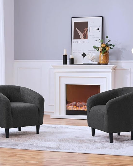 Yaheetech Accent Chairs Set of 2, Furry Living Room Chairs, Sherpa Barrel Chairs with Cozy Soft Padded, Boucle Fabric Armchais for Living Room Bedroom Reception Room Office, Dark Gray - LeafyLoom