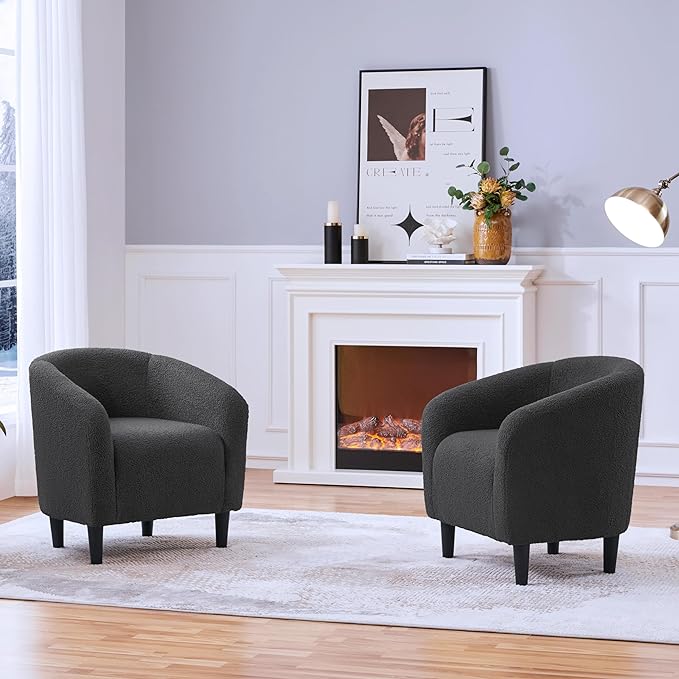 Yaheetech Accent Chairs Set of 2, Furry Living Room Chairs, Sherpa Barrel Chairs with Cozy Soft Padded, Boucle Fabric Armchais for Living Room Bedroom Reception Room Office, Dark Gray - LeafyLoom