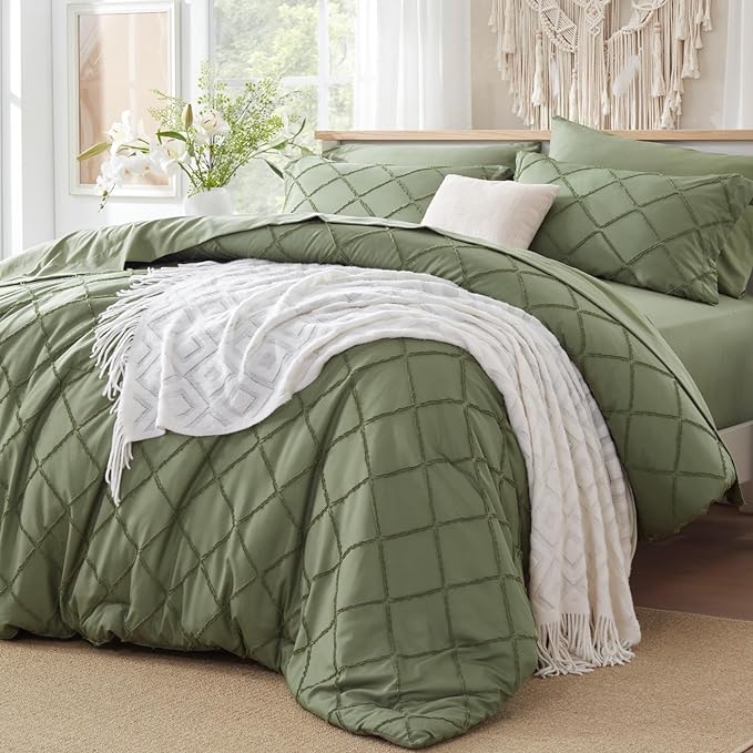 Boho Olive Green Comforter Set with Jacquard Tufted Design,Farmhouse Bedding Sets for All Seasons,Soft 7 Pieces Queen Bed in a Bag Comforter,Flat Sheet,Fitted Sheet,Pillowcases & Shams - LeafyLoom