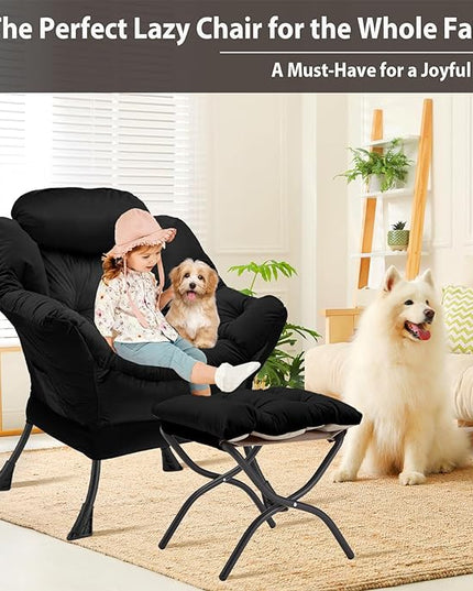 Lazy Chair with Folding Ottoman, Accent Chair Velvet Upholstered with Metal Structure and Non-Slip Pads, Sofa Armchair with Footrest and Side Storage Bag for Dorm, Room, Office, Black - LeafyLoom
