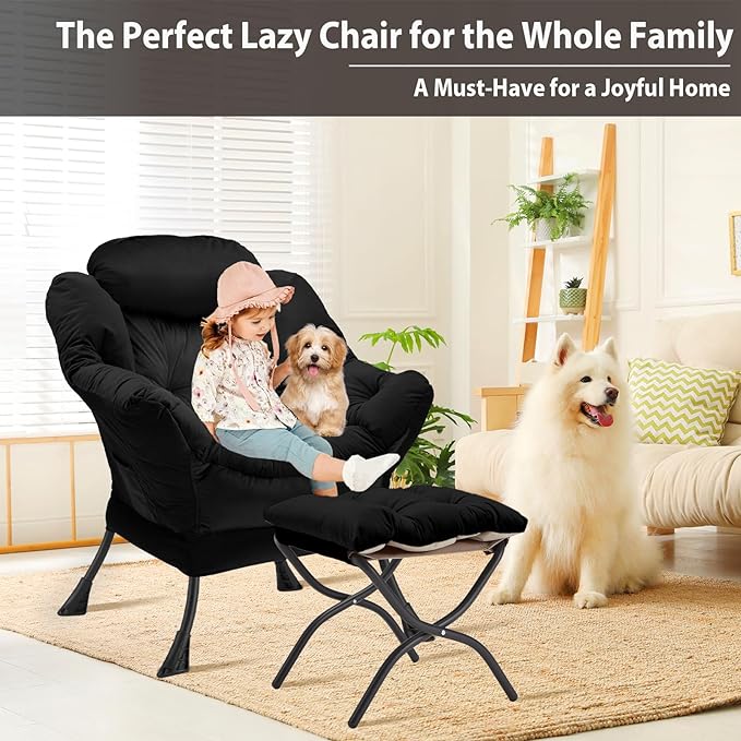 Lazy Chair with Folding Ottoman, Accent Chair Velvet Upholstered with Metal Structure and Non-Slip Pads, Sofa Armchair with Footrest and Side Storage Bag for Dorm, Room, Office, Black - LeafyLoom