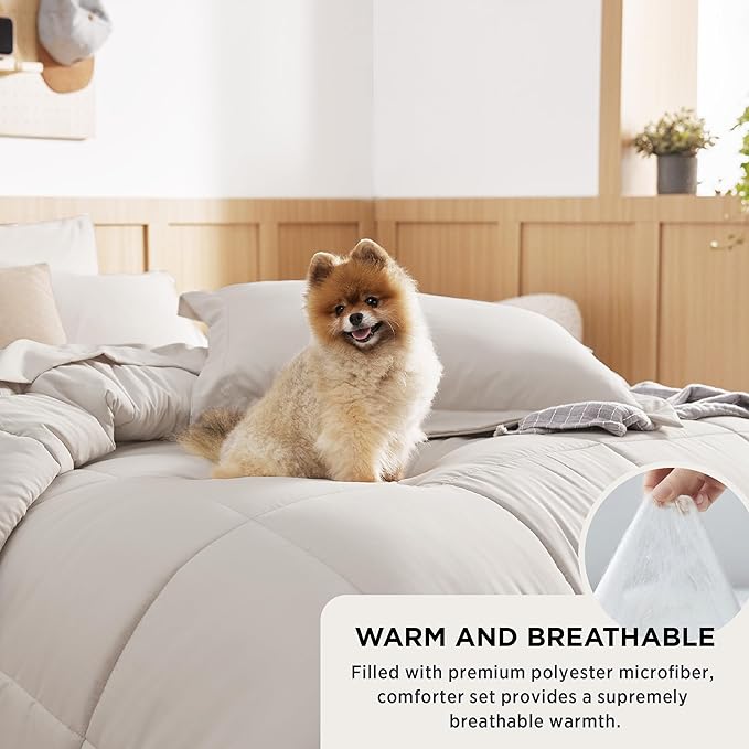 Bedsure Beige Twin Comforter Set - 5 Pieces Solid Twin Bed in a Bag, Twin Bed Set Beige with Quilted Warm Fluffy Comforters, Sheets, Pillowcase & Sham - LeafyLoom
