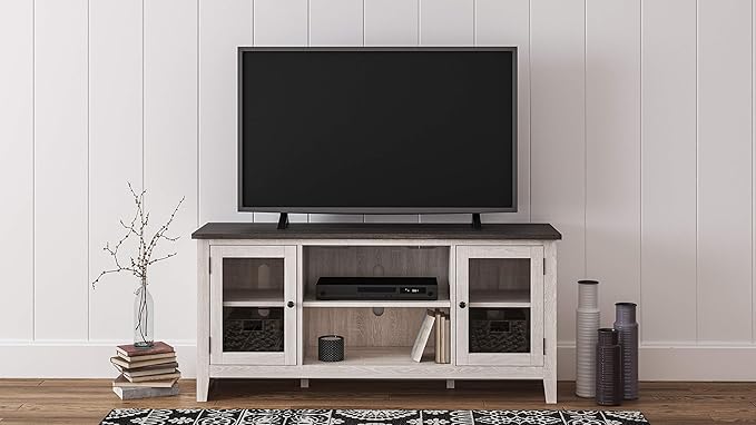 Signature Design by Ashley Dorrinson Farmhouse TV Stand with Fireplace Option, Fits TVs up to 58", Whitewash - LeafyLoom